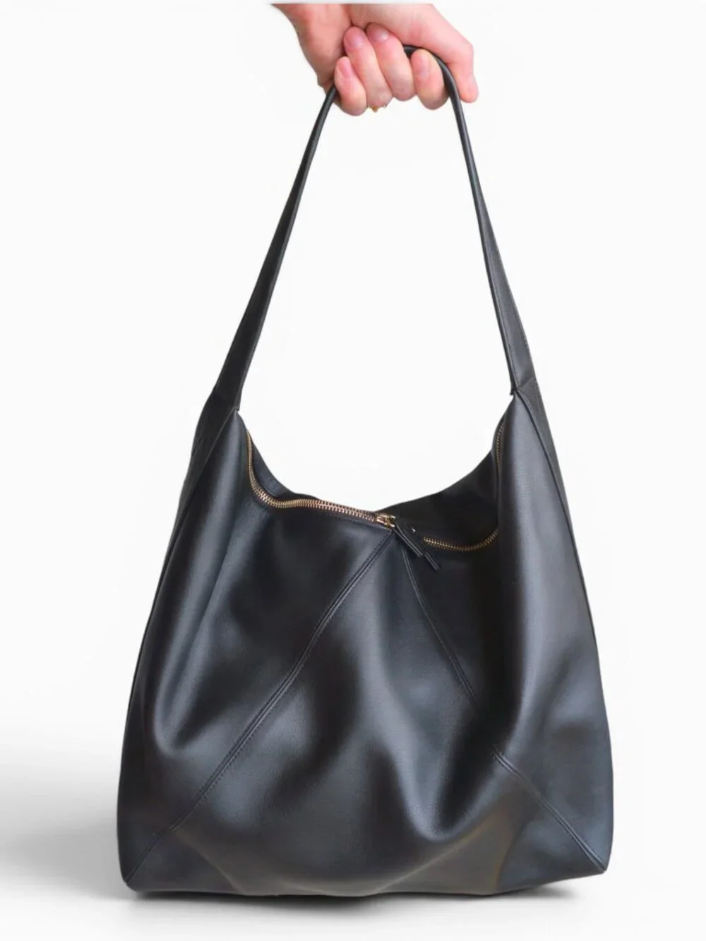 Leatherology Ciera Maxi Black Leather Hobo, Full Grain w/ Double Zip